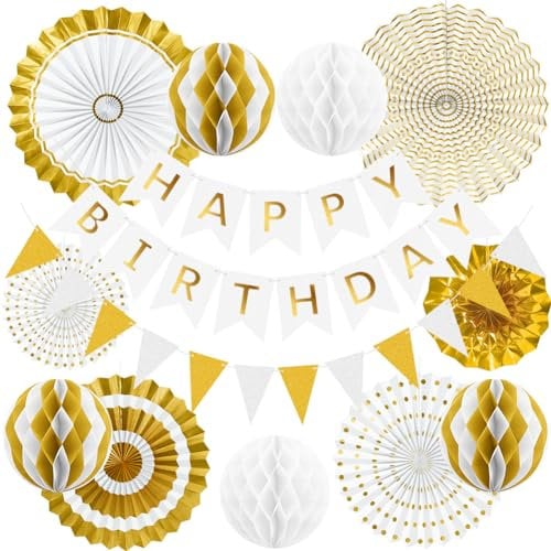 White Gold Birthday Decorations Women Girls Birthday Banner Reusable Honeycomb Bunting Paper Lanterns Decor Paper Fans