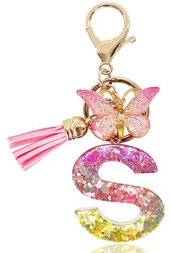Yanmucy Buchstaben Schlüsselanhänger Mädchen Ringe Lila Niedlich Schlüsselanhänger Glitzer mit Schmetterling Quasten Harz Keychain Aesthetic für Tasche Charme Frauen Mädchen Tasche Dec (S)
