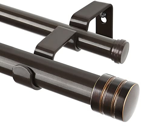 TONIAL 2,5 cm Doppel-Gardinenstangen für Fenster 122 bis 213 cm, robuste dekorative Gardinenstange 81,3 bis 213,3 cm mit klassischem Kappen-Endstück, Bronze