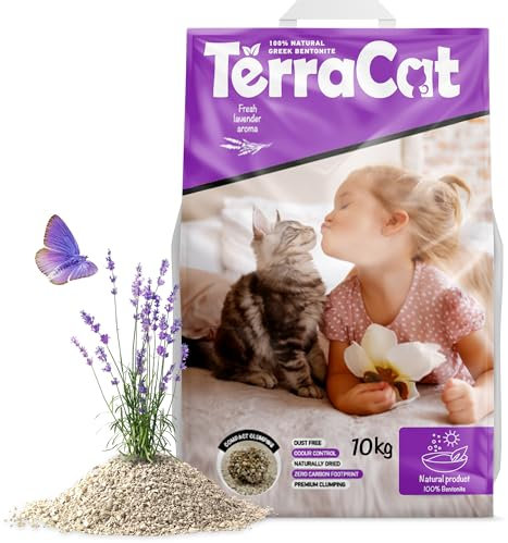 TerraCat katzenstreu, 12.5L - 10Kg Cat Litter, 100% Griechischer Bentonit Katzenstreu Klumpstreu, Hohe Saugfähigkeit Klumpstreu für Katzen, Staubfrei Katzenstreu Klumpend, Lavendelduft