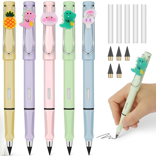 OFFCUP Tintenlose Bleistifte, 5 Stück Tintenloser Bleistift mit Radiergummi, Magic Pencil mit 5 Stück Wechselkopfm, Klares und Flüssiges Schreiben für Erwachsene Studenten Künstler(Karikatur)