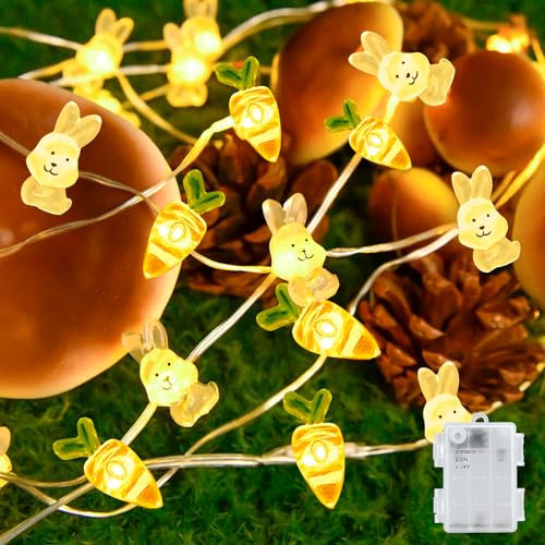 Gcstnn Lichterkette Ostern Batterie, 2M 20LED Hase Karotte Lichter mit 6h Timer, IP65 Wasserdicht Ostern Geschenk Lichter für Kinder Schlafzimmer Party Innen Außen Oster Deko-Warmweiß