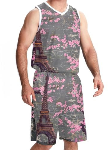 Basketball Trikots Shorts Sport Set Outfit Tank Top Track Shorts Herren Basketball Trikot Paris Blüte Eiffelturm Lila, Muster 907, Large