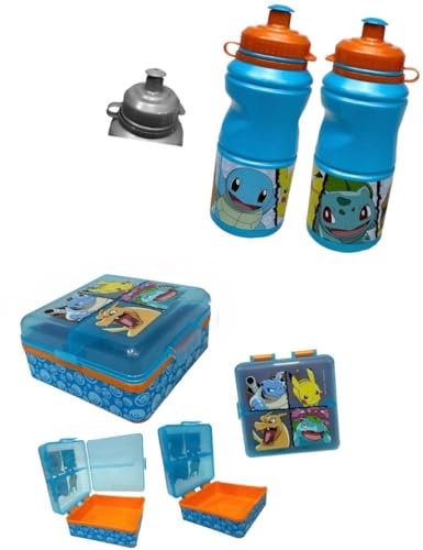 PELLECCHIA 1969 | Set porta merenda quadrato Scuola con 3 scomparti | in Plastica - BPA Free con bottiglia in plastica riutilizzabile, BPA Free, capacità 380 ML realizzata per (Pokemon)