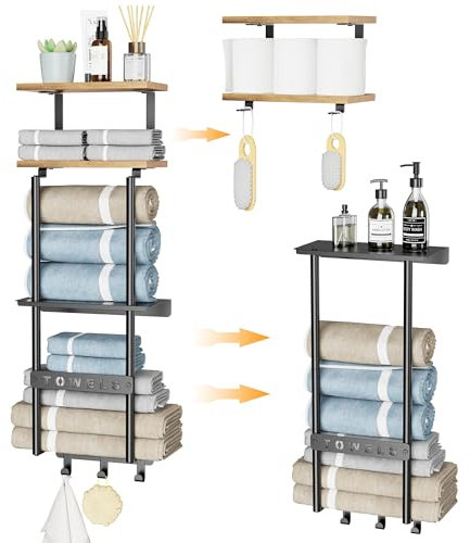 Yitexin Porte-serviettes mural en bois, étagère amovible à 2 niveaux, organisateur de serviettes de bain et rangement pour petite salle de bain