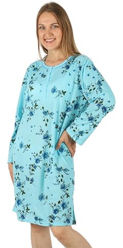 Schuerzenfabrik - Chemise de nuit à manches courtes pour femme, bleue, rose, violet, orange avec boutonnière, Chemise de nuit à manches longues, bleue, L