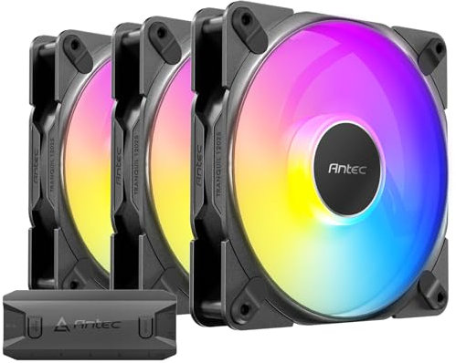 Antec Tranquil ARGB 120mm x 25mm Case Fans - 3 Pack ARGB PWM Fans, 2000RPM, 64.02CFM, 2.45mmHO, 4 Pin PWM & 3 Pin LED Connector