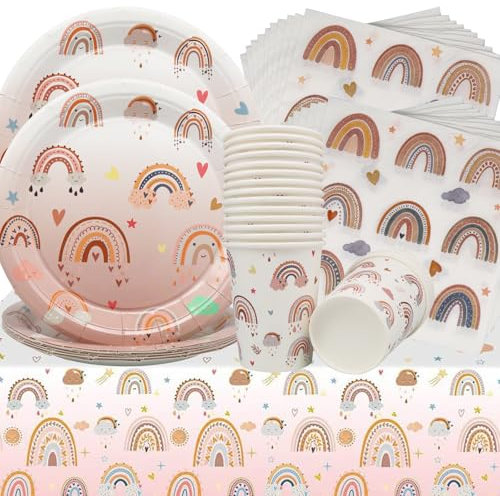 Doyomtoy 61-Piece Boho Rainbow Party Tableware, Paper Tableware Set Including Tablecloth, Plates, Cups, Napkins, Bohemian Party Tableware for Children's Birthday Party, Birthday, Weddings for 20