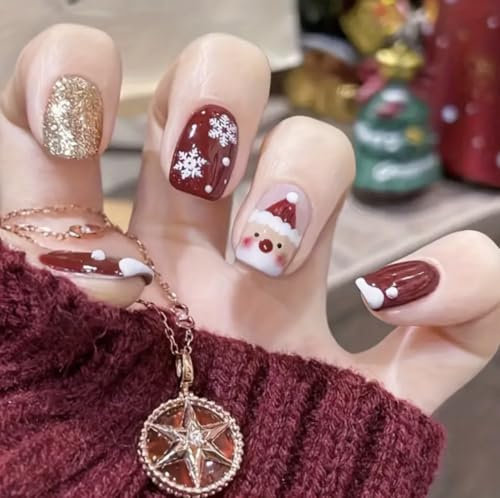 24Pcs Christmas False Nails - Press on XMAS Nails - Red White Fake Nails with Santa, Gold Glitter & Snowflakes - includes Gel Stickers AND Nail Glue XMAS11