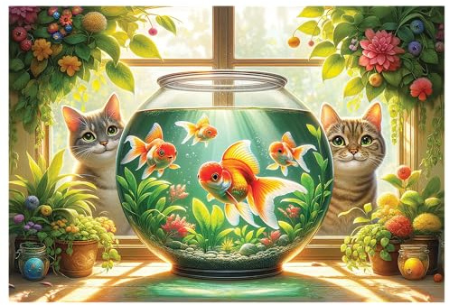 WOODEN.CITY 500 Teile Holzpuzzle - Katzen und Fische mit 50 Teilen in Tierform, 39,4 x 26,7 cm, entworfen und hergestellt in der EU