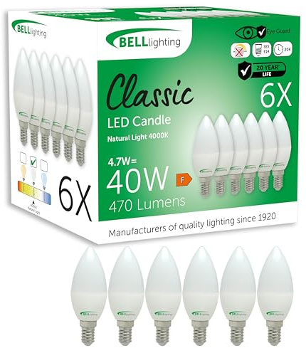 BELL Lighting E14 Energy Saving LED Candle Bulbs Natural White 4.7W 6 Pack | Energy saving E14 SES LED candle bulbs with 4000K natural white light, 470lm brightness and 40W equivalent output for lamps.