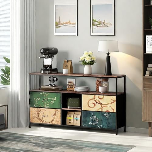 LKPOMI Mobile per TV, con 4 cassetti, stile vintage, con venature di legno, spazio aperto per soggiorno e camera da letto (stampato, 137 x 29,8 x 78 cm)