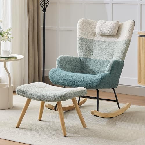 Goeria Boucle-Schaukelsessel, Schaukelstuhl im bunten Patchwork-Streifen-Look, Sessel Beine aus Gummiholz, Gestell aus gespritztem Eisen, Wohnzimmersessel, mit Kopfstütze und Fußstütze