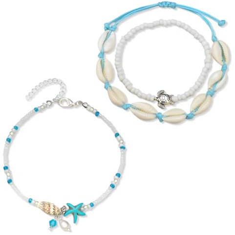 ZKGYUS 2 Pièce Bracelet de cheville Femme, Boho Bracelets de cheville en coquillage perlé, Brtacelets Accessoires de plage Bijoux de pied réglables pour femmes et filles