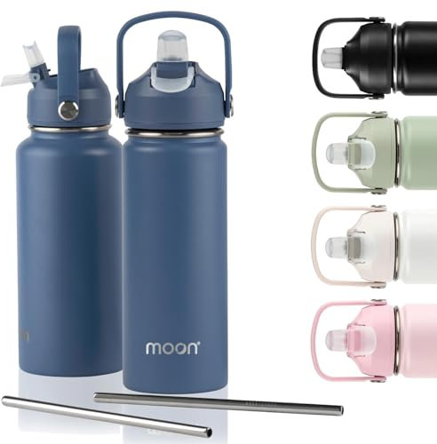 moon bottles - Insulated Water Bottle with Straw - Stainless Steel Sports Drink Bottle, Thermal Flask, 24hr Cold, 12hr Hot, Double Walled, Metal Straw, Silicon Spout, UK Company (500ml, Blue)