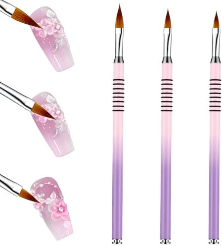 3pcs Acrylic Nail Brush Set, Nail Brushes for Nails Art, Nails Art Brushes for Gel Polish, Ombre Nailart Brush Professional 3D Flower Design Tools