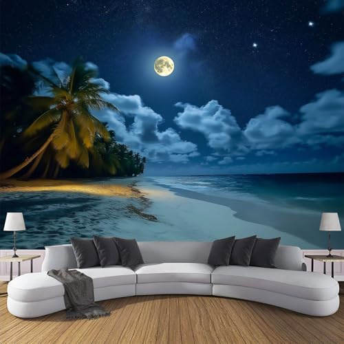 CDXNORA Papier Peint Panoramique Paysage Naturel 3D Soie, 200×140cm Plage La Nuit Grande Mural, pour Salon, Étude, Chambre d'enfant, Chambre Décoration Poster Papier Peint, Bleu Foncé