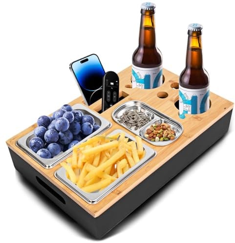 Couchbar Snackbox Schwarz Mit Snackschalen Aus Edelstahl Sofa Tablett Geeignet für Wohnzimmer, Sofa, Garten, Picknickparty (Schwarz)