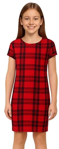 A2Z 4 Kids Girls Dresses Plain Short Sleeves Cap Slim - New Midi Dress Tartan Red 7-8