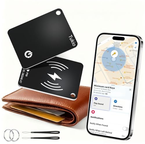 Tukio Smart Air Tracker Card 2 Pack (Black) Works with Apple Find My, Rechargeable Wallet Tracker with Wireless Charging, Ultra Thin IP68 Waterproof Bluetooth Tag Locator for Luggage, Passport & Keys