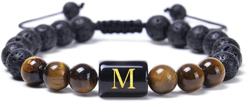 CWZZWS Damenschmuck, Diffusor-Armband für ätherische Öle, Lavagestein, Lavastein, Tigerauge-Stein-Armband mit Buchstabe AZ, verstellbare Armbänder für Damen, 29,2 cm Schmuck