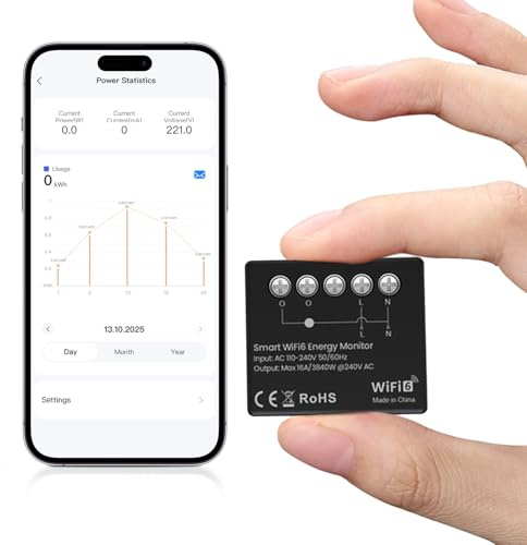 MIUCDA Mini WiFi 6 Smarter Stromzähler, 1 Kanal, 16A, Leistungsmessung, Echtzeit-Energiezähler, Kompatibel mit Alexa & Google Home, kein Relaisschalter