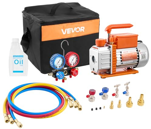 VEVOR Kit Pompe à Vide et Manomètre 3,5 CFM 99 L/Min Pompe à Vide Climatisation à Palettes Rotatives 1 Étage avec Sac de Transport Compatible R134a R22 R410a R1234YF R32 pour Climatiseur Automobile