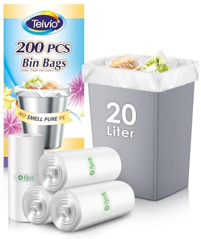 Teivio 20 Liter 200 Counts Pedal Bin Liners Trash Can Bags, fit 4.5-5 Gal Garbage Bags, Bathroom Waste Bin Liners, Small Plastic Bags for home office kitchen, Clear