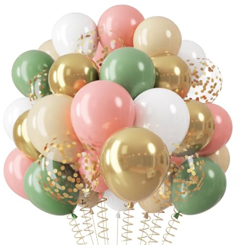 QIFU Palloncini Rosa Verde, 12 Pollici Palloncini Compleanno Verde Salvia Oro Palloncinis Coriandoli Oro Per Birthday Compleanno Anniversario Matrimonio Fidanzamento Festa Baby Shower San Valentino