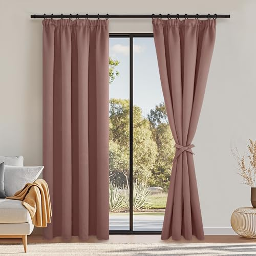DWCN Altrosa Thermo Vorhang Blickdicht Wohnzimmer mit Vorhang-Krawatten | 2er Set 225x140cm(HxB) Schallschutz Kälteschutz Verdunklungsvorhänge mit Kräuselbandfür Schiene Kinderzimmer Schlafzimmer
