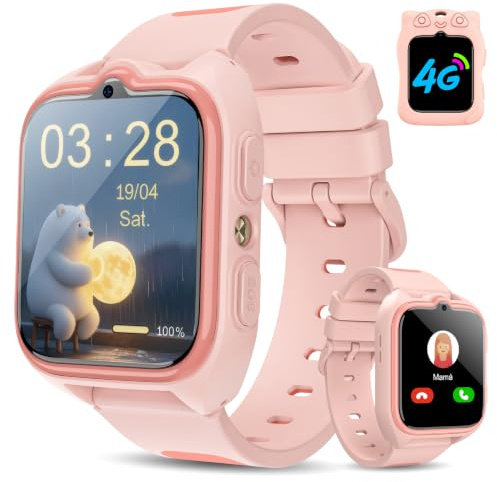 IOWODO Smartwatch Bambini con SIM 4G | Orologio GPS Bambini con Videochiamata HD, Localizzazione GPS+WiFi+LBS, SOS, Controllo Genitori, Modalità Scuola, IP68 (Rosa)