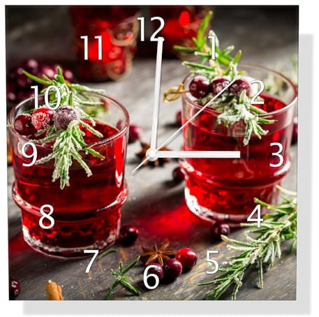 Wallario Design-Wanduhr Winterlicher Cranberry-Punsch mit Rosmarin aus Glas, Motiv-Uhr Größe 30 x 30 cm, weiße Zeiger