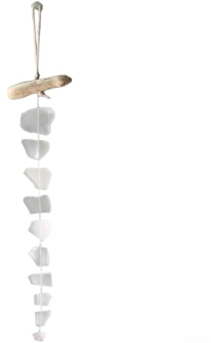 Seeglas Windspiel Boho mit Treibholz, Handgefertigte Hängedeko aus Glas, 40 cm Küstenstil für Garten Balkon Terrasse Hochzeit oder Strandparty, Wohnzimmer for deko