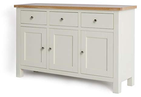 RoselandFurniture Farrow Cream Sideboard for Living Room Large Storage Cabinet with Oak Top | Fully Assembled Painted 3 Door Solid Wooden Cupboard with 3 Drawers for Hallway or Dining Room