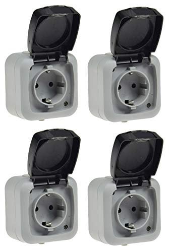 ChiliTec Aufputz Steckdose Feuchtraum 4 Stück IP44 mit Klappdeckel 250V 16A FederAutomatik Schutzkontakt-Steckdose für Innen Aussen Grau