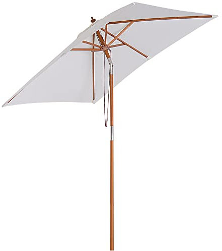 Outsunny Sombrilla Terraza Exterior 200x150 cm Sombrilla de Jardín Rectangular con Ángulo Ajustable Mástil de Madera y Manivela Parasol para Patio Terraza Crema