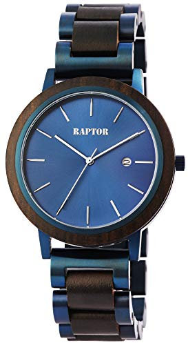 Raptor Herren-Holzuhr Datum Edelstahl Faltschließe Natur Analog Quarz RA20319 (Sandelholz)