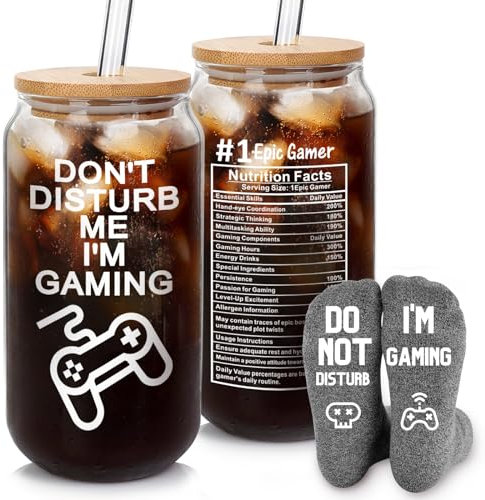 ANOTION Gaming Mug - Valentines Gifts for Him Gamer Gifts 18oz White Borosilicate Glass Cylindrical Cup with Bamboo Lid & Glass Straw