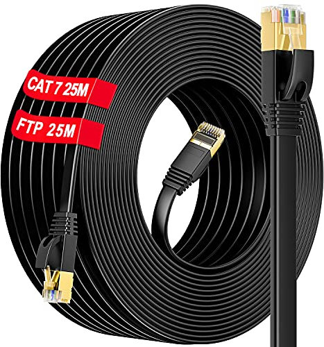 Cable de Red Ethernet Ethernet Cat 7 de 25M, Cable de Internet de Alta Velocidad S/FTP Blindado,Plano RJ45 Gigabit Cat7 Cable LAN Exterior Interior de Impermeables para Router PS4/5(25Clips, 25 Metri)