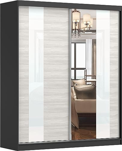 Fabryka Mebli Idźczak - Armoire avec Miroir Multi 32, Armoire 2 Portes Coulissantes 183 x 218 x 61 cm, Armoire à Portes Moderne, Armoire de Chambre, Armoire Salon, Armoires - Noir/Kathult