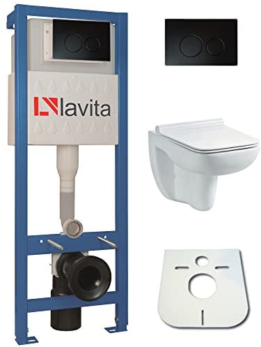 WC-Set Vorwandelement inkl. Drückerplatte + Wand WC Capri Slim ohne Spülrand + WC-Sitz mit Soft-Close-Absenkautomatik (OB) Toilette Komplett Sett WC