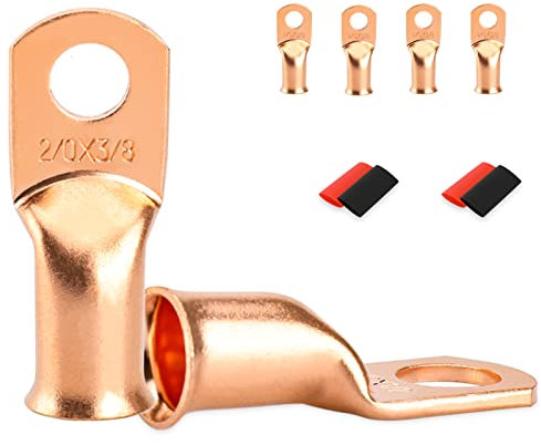 4 PCS Battery Terminal Connectors, Battery Cable Ends Lugs, 2/0 Gauge Wire Connectors, 2/0 AWG 3/8 Stud Ring Terminals, Copper Wire Lugs with Heat Shrink Tubing.