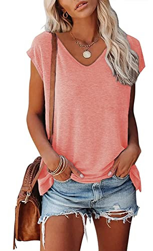 FANGJIN Summer Tops for Women UK Ladies Casual Short Sleeve V Neck Tops Size 18 Womens Short Sleeve Polyester Jumpers Beach Shirt Women Going Out Tops Pink Size XL