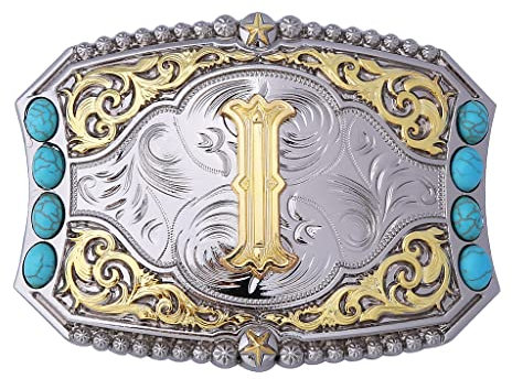 Btilasif Türkis Gürtelschnalle Western Cowboy Rodeo Initiale Buchstaben ABCDEFG bis Z Gürtelschnalle für Herren, I, Medium
