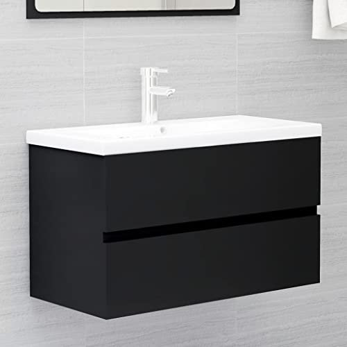 homiuse 80x38,5x45 cm Armoire D'éVier avec Lavabo IntéGré Meuble Salle de Bain avec Vasque Meuble de Salle de Bain Rectangle Cabinet Tiroir&Ramique Lavabo Encastré Robinet Aggloméré Suspendue Noir