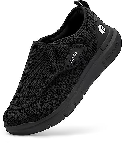 FitVille Diabetiker Schuhe Herren Extra Weit Gesundheitsschuhe Herren mit Klettverschluss Einstellbar Walking Schuhe für Geschwollene Füße Schwarz 45 EU Weit