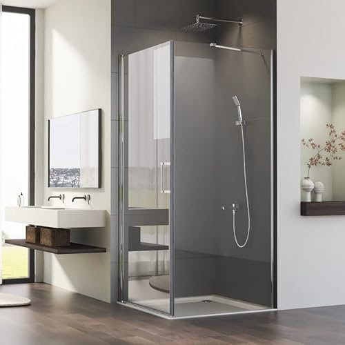 Eckeinstieg Duschkabine 90x90x195cm Schwingtür mit Seitenwand, Sicherheitsglas Duschwand mit festem Seitenteil Einzelschwingtür Duschabtrennung, Silber Duschwand Pendeltür mit 5 mm Nano ESG Glas