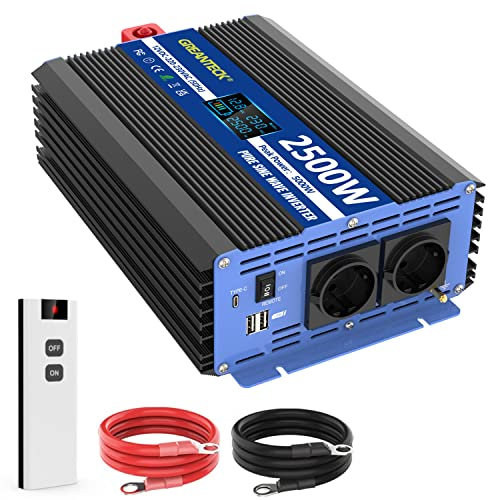Wechselrichter 12v auf 230v Reiner Sinus Wechselrichter 2500w mit Fernbedienung, 2 EU-Steckdosen, USB-Anschlüsse, Typ-C-Anschluss, LCD-Anzeige für Auto, Wohnwagen, Boot, Camping