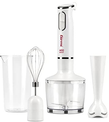 Girmi MX16 Mixer ad immersione con Kit, 3 in 1 frullatore-mixer-frusta, 400 W, Motore DC, 2 Velocità, Lame INOX, Misurino da 700cc incluso, Bianco