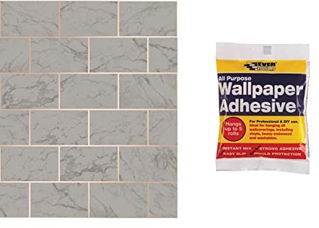 CROWN M1511 Metro Brick Marble Charcoal & Everbuild All Purpose Wallpaper Paste Adhesive, Hangs Up to 5 Rolls